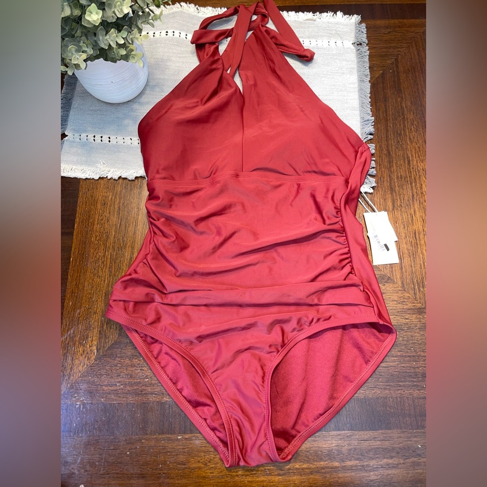 Women’s Red Halter One Piece Swimsuit Medium Tummy Control Ruched NEW